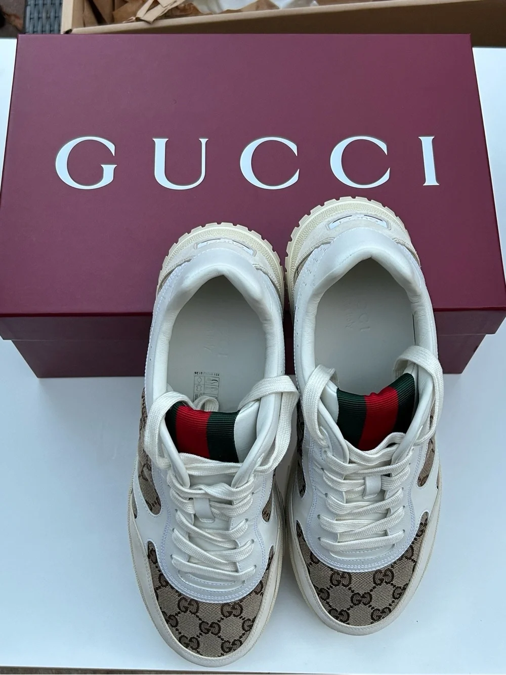 Gucci Beige & White GG Monogram Sneakers with Green-Red Web